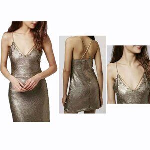 Topshop Sequin Mini Dress Metallic Gold Glitter Petite Size 8P